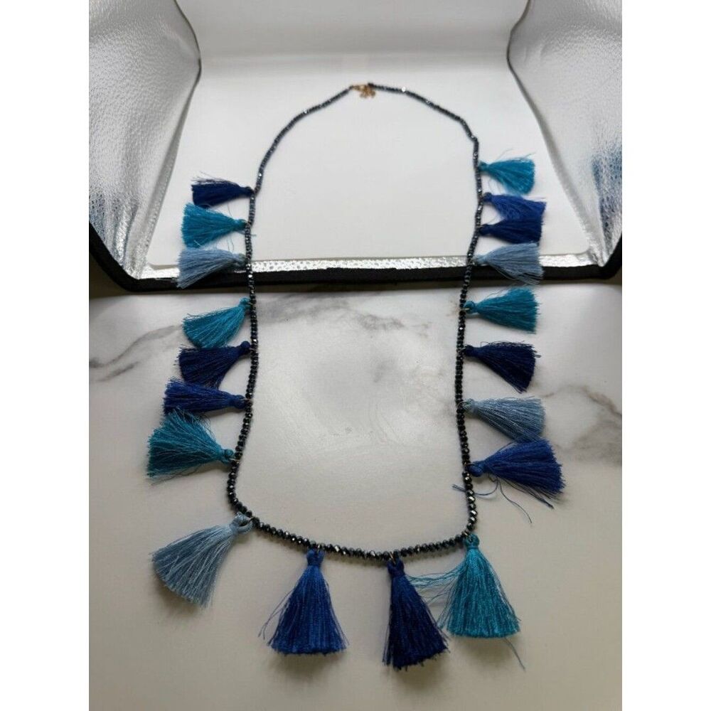 Tassle Necklace with Swarovski Crystals and 4 Shades of Blue Tassels